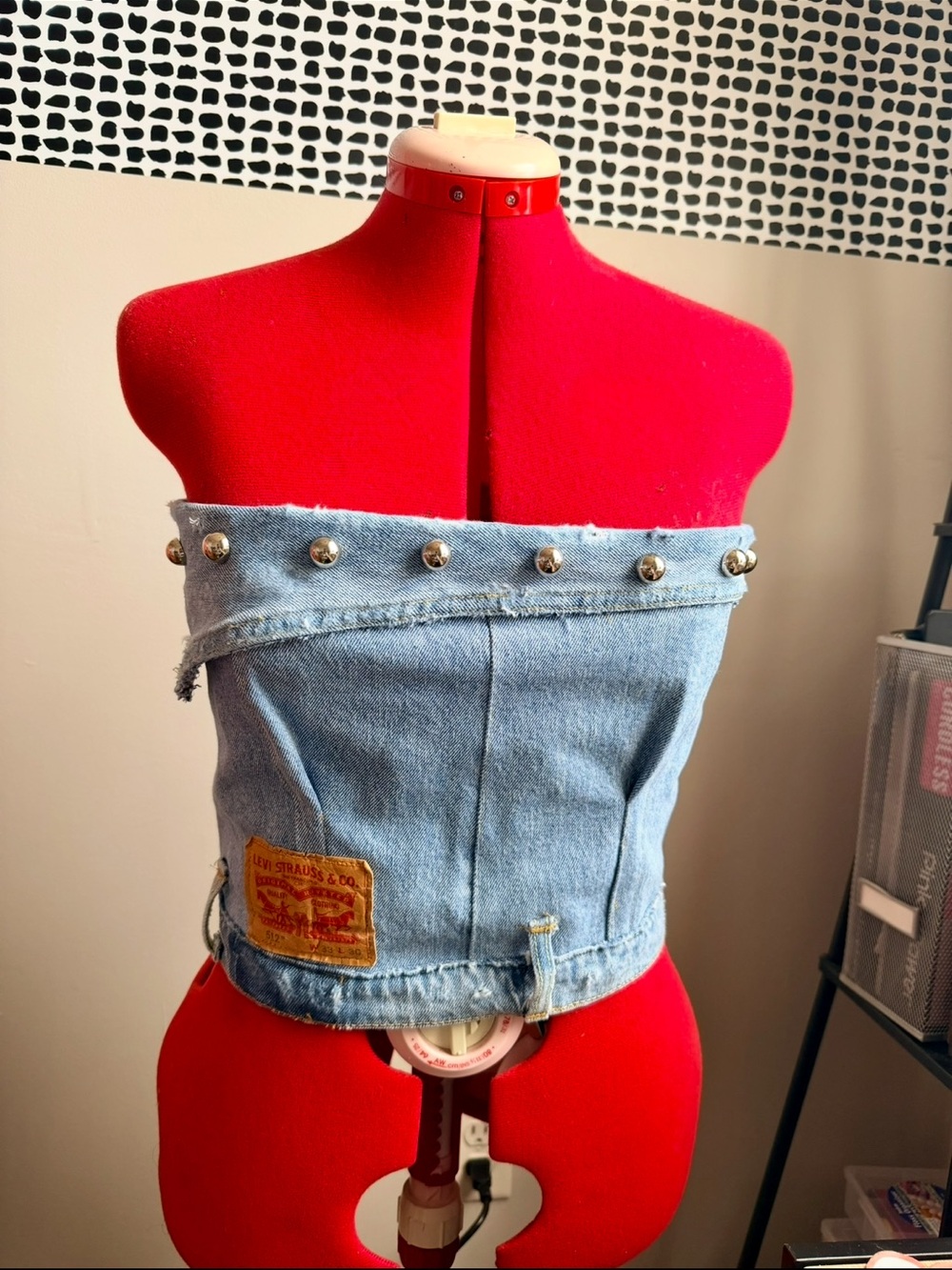 Levi's Light Blue Denim Strapless Studded Tube Top with Leather Patch
